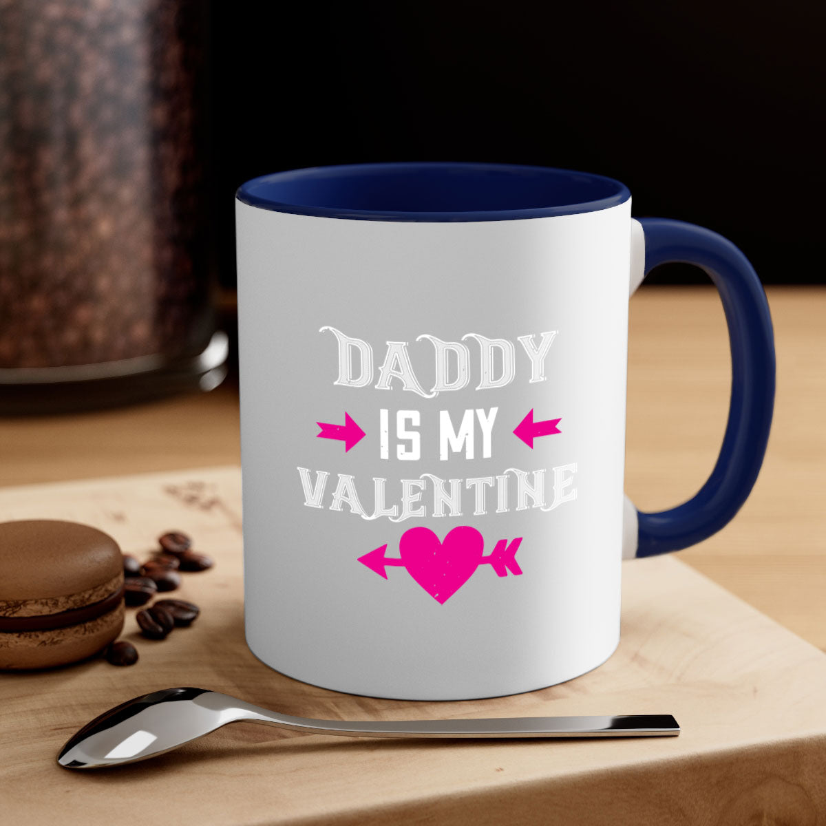 Ceramic 'Daddy is my Valentine' mug with colorful handle and glossy finish, perfect for coffee or tea.