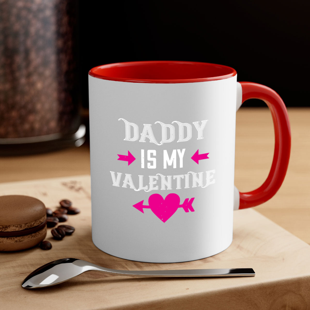 Ceramic 'Daddy is my Valentine' mug with colorful handle and glossy finish, perfect for coffee or tea.