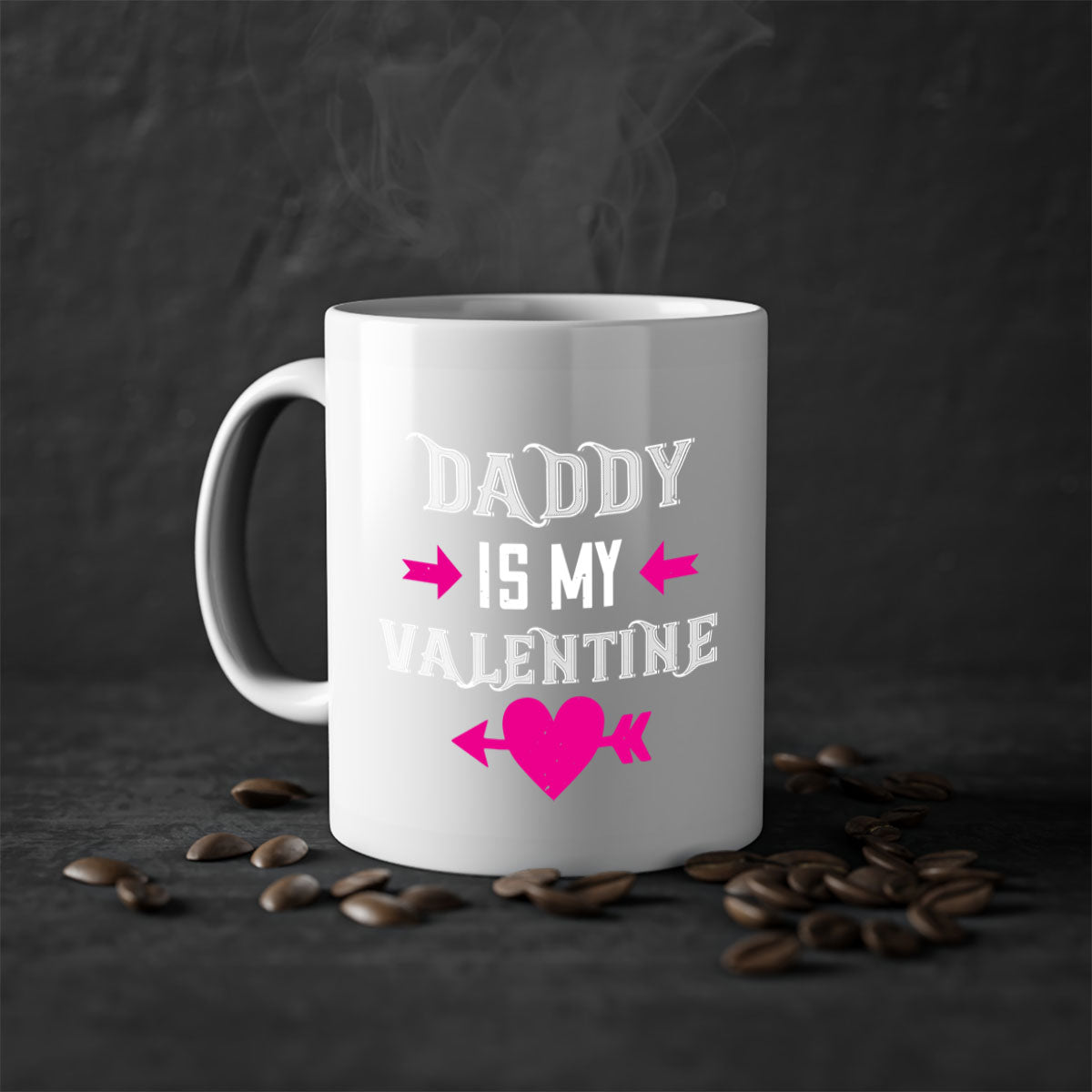 Ceramic 'Daddy is my Valentine' mug with colorful handle and glossy finish, perfect for coffee or tea.