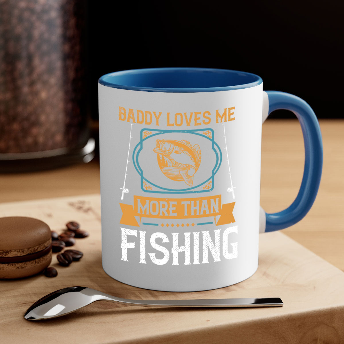 Ceramic coffee mug with 'Daddy Loves Me More Than Fishing' design, featuring a glossy finish and colorful handle.