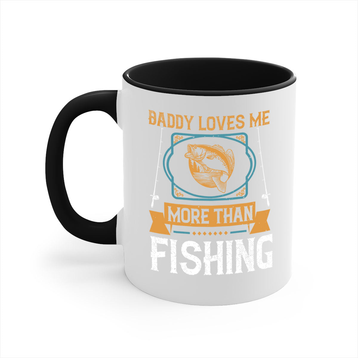 Ceramic coffee mug with 'Daddy Loves Me More Than Fishing' design, featuring a glossy finish and colorful handle.