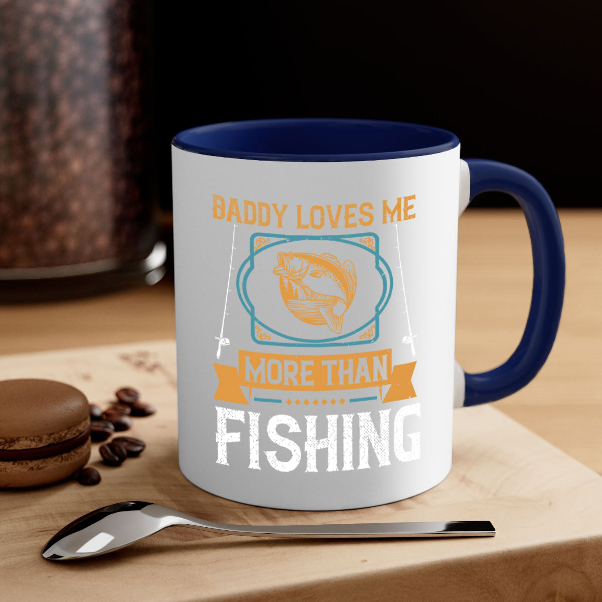 Ceramic coffee mug with 'Daddy Loves Me More Than Fishing' design, featuring a glossy finish and colorful handle.