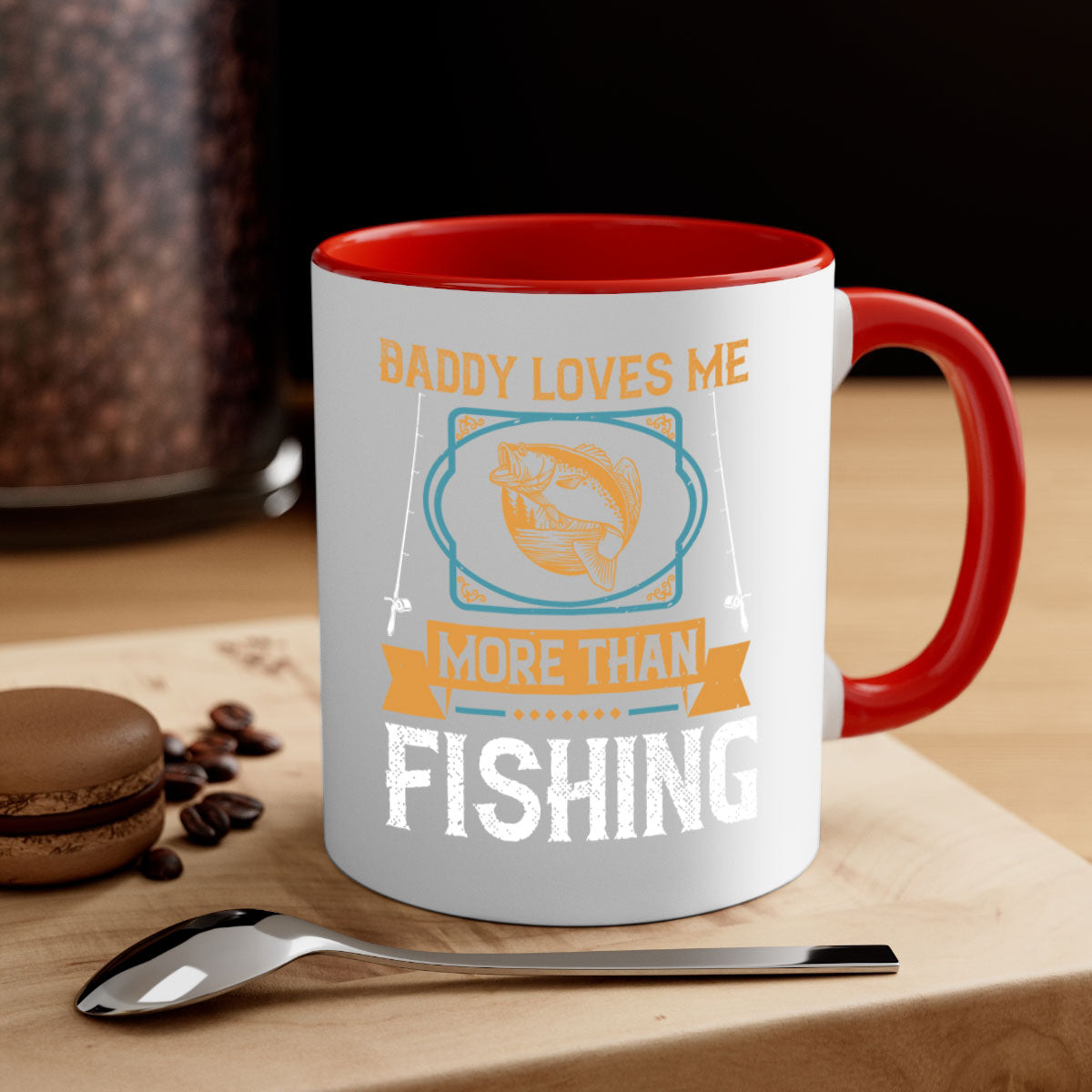 Ceramic coffee mug with 'Daddy Loves Me More Than Fishing' design, featuring a glossy finish and colorful handle.