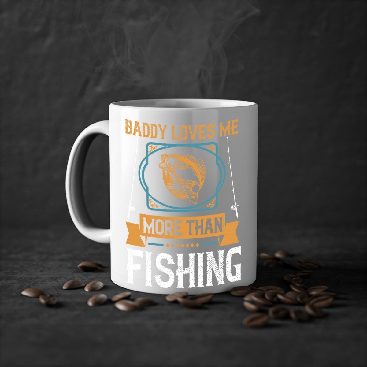 Ceramic coffee mug with 'Daddy Loves Me More Than Fishing' design, featuring a glossy finish and colorful handle.