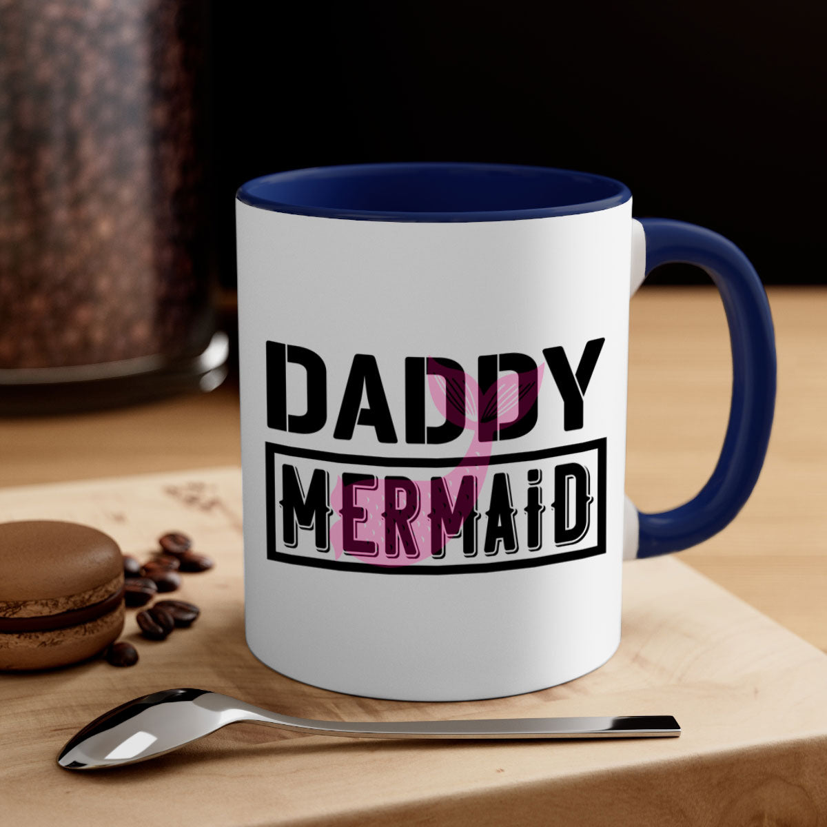 Daddy Mermaid 112# Mug featuring a two-tone design with a colored handle and glossy finish, available in multiple colors.