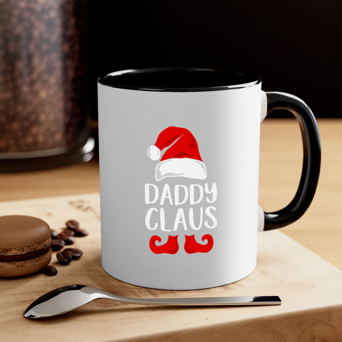 Daddyclaus style 4# Christmas Mug with colorful handle and glossy finish, available in multiple colors.