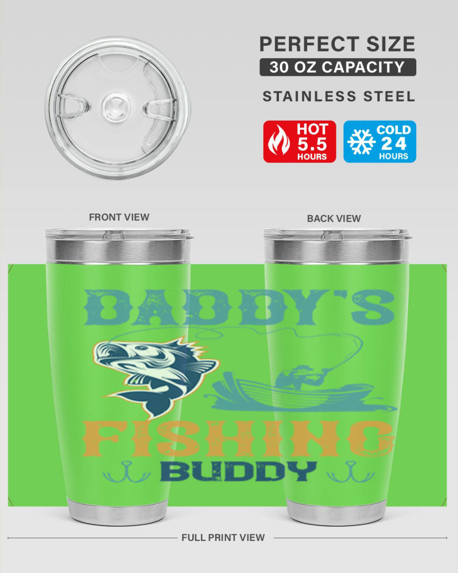 A stylish daddy’s fishing buddy 166# tumbler in stainless steel, showcasing its double wall vacuum insulation and drink-thru lid, perfect for fishing trips.