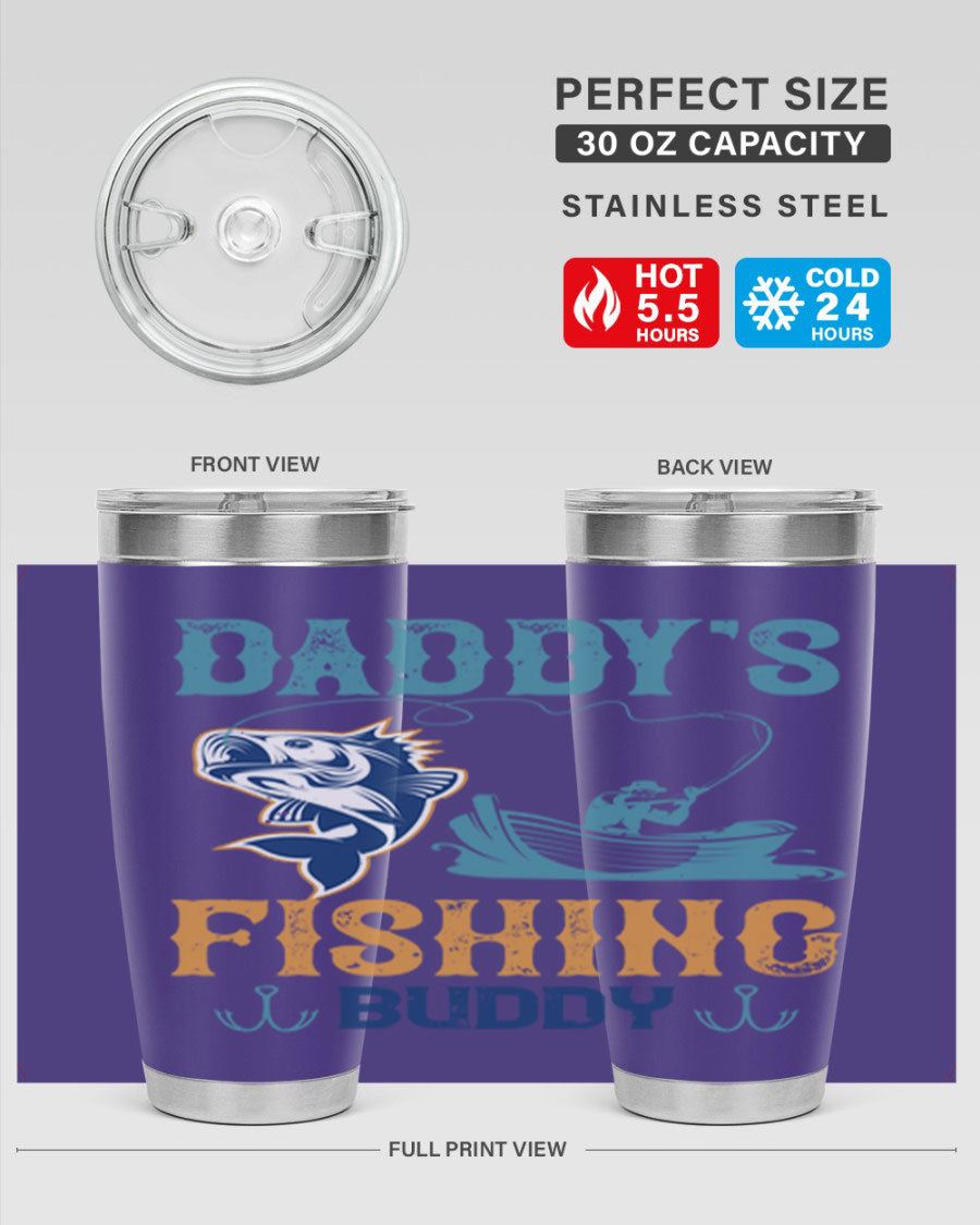 A stylish daddy’s fishing buddy 166# tumbler in stainless steel, showcasing its double wall vacuum insulation and drink-thru lid, perfect for fishing trips.