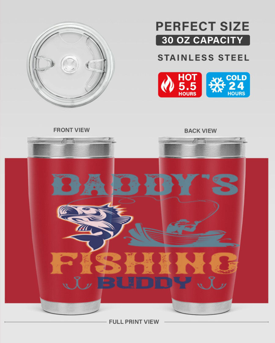 A stylish daddy’s fishing buddy 166# tumbler in stainless steel, showcasing its double wall vacuum insulation and drink-thru lid, perfect for fishing trips.