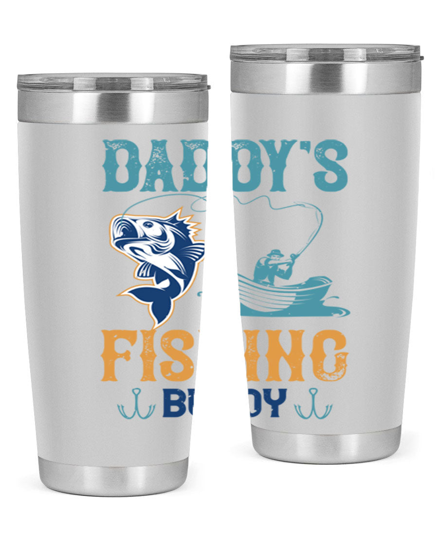 A stylish daddy’s fishing buddy 166# tumbler in stainless steel, showcasing its double wall vacuum insulation and drink-thru lid, perfect for fishing trips.