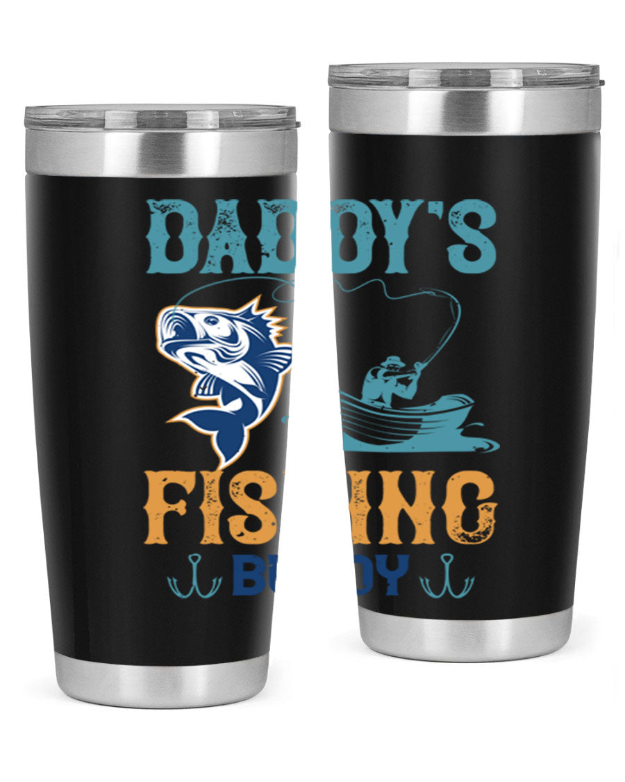 A stylish daddy’s fishing buddy 166# tumbler in stainless steel, showcasing its double wall vacuum insulation and drink-thru lid, perfect for fishing trips.