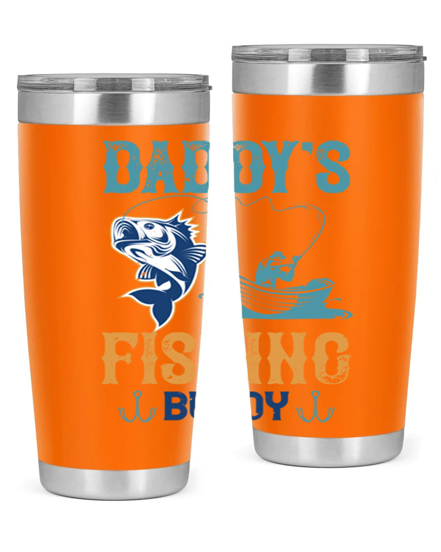 A stylish daddy’s fishing buddy 166# tumbler in stainless steel, showcasing its double wall vacuum insulation and drink-thru lid, perfect for fishing trips.