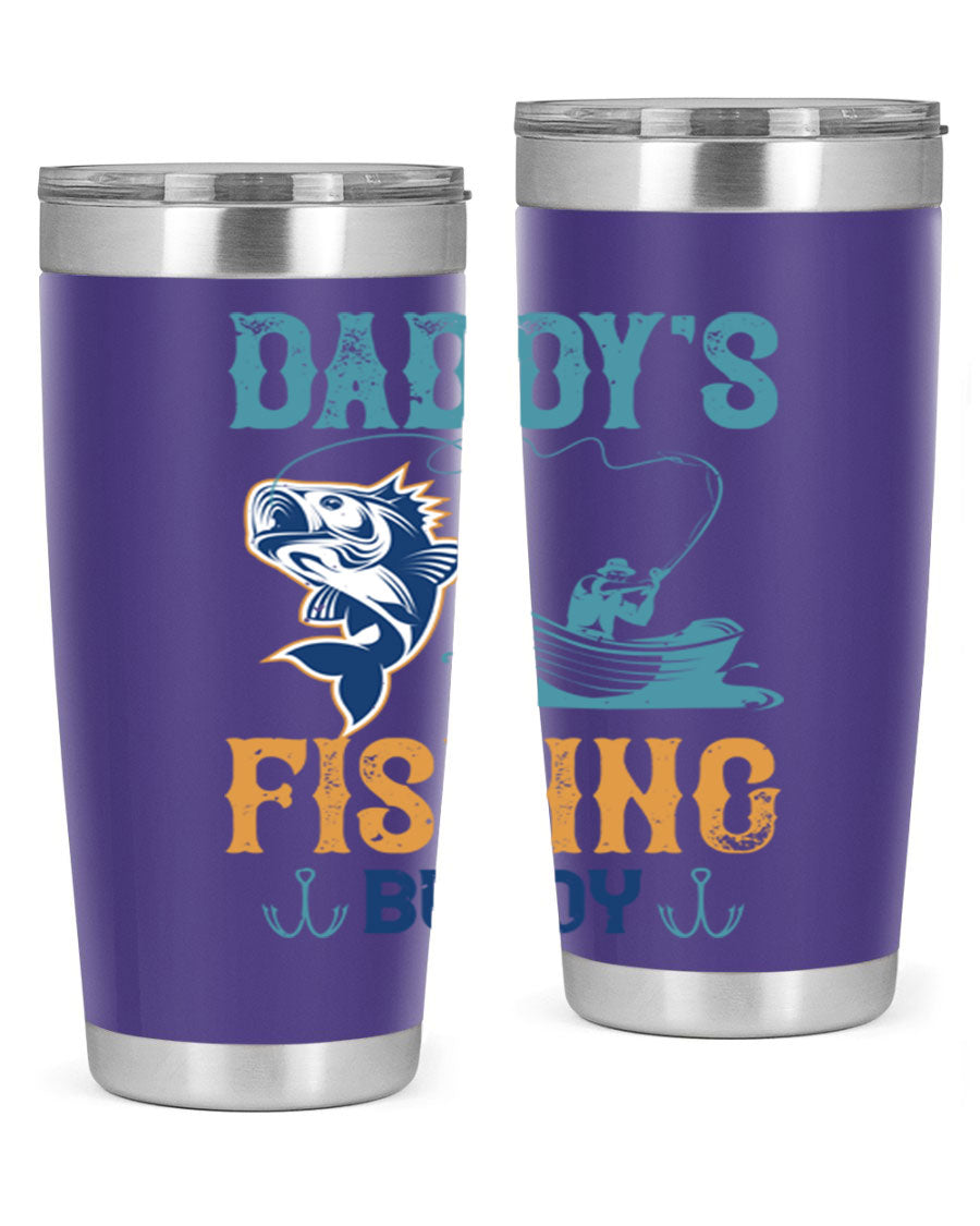 A stylish daddy’s fishing buddy 166# tumbler in stainless steel, showcasing its double wall vacuum insulation and drink-thru lid, perfect for fishing trips.