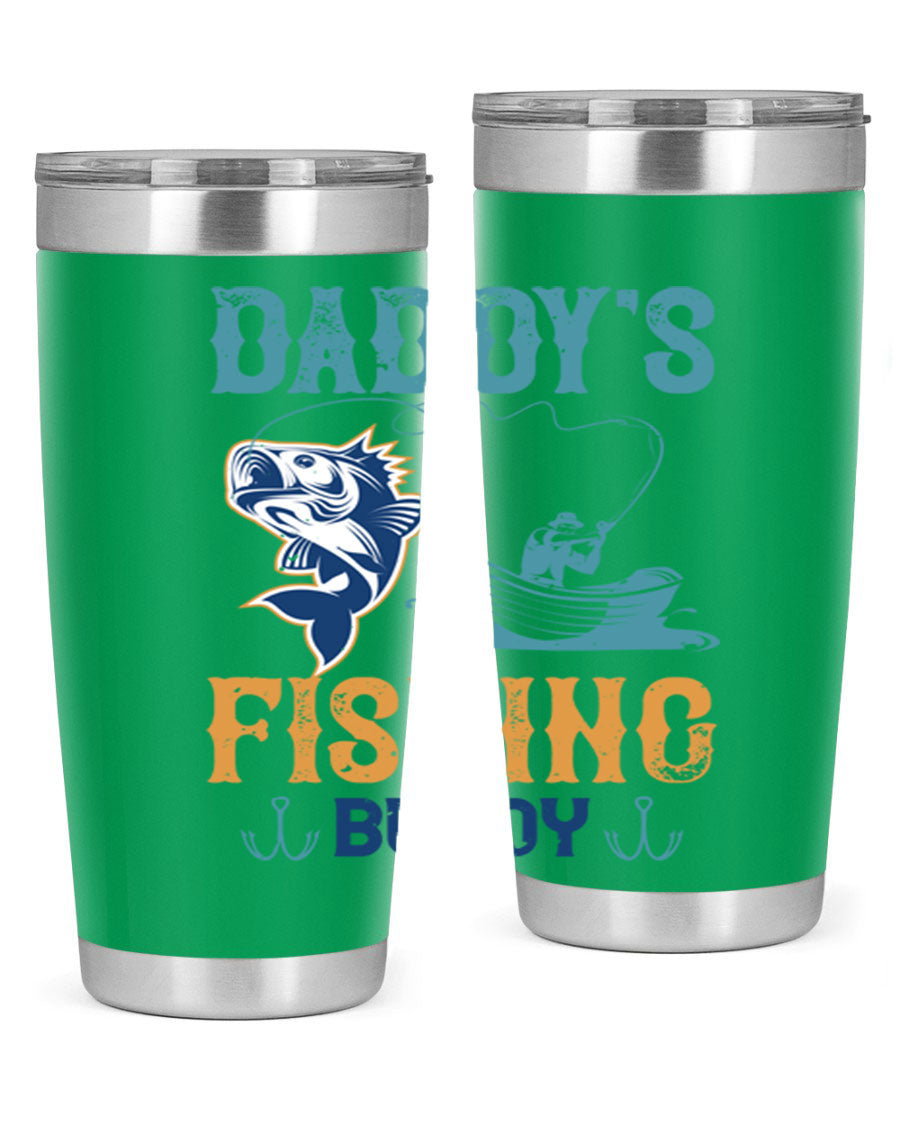 A stylish daddy’s fishing buddy 166# tumbler in stainless steel, showcasing its double wall vacuum insulation and drink-thru lid, perfect for fishing trips.