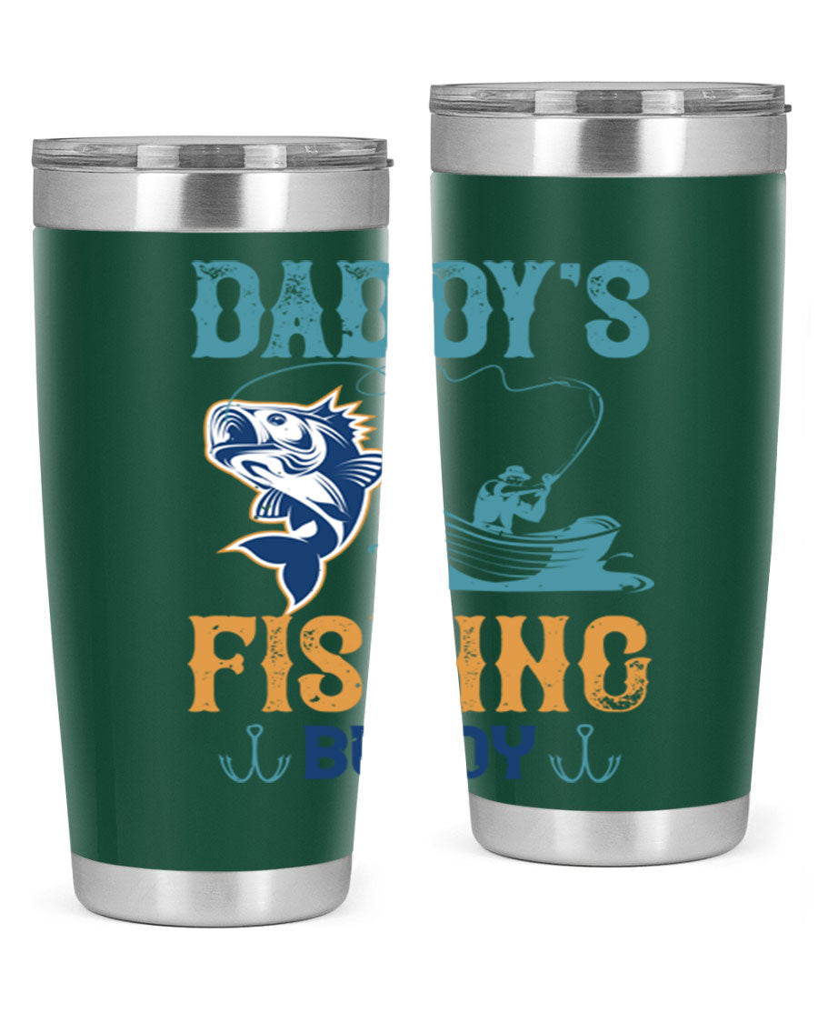 A stylish daddy’s fishing buddy 166# tumbler in stainless steel, showcasing its double wall vacuum insulation and drink-thru lid, perfect for fishing trips.