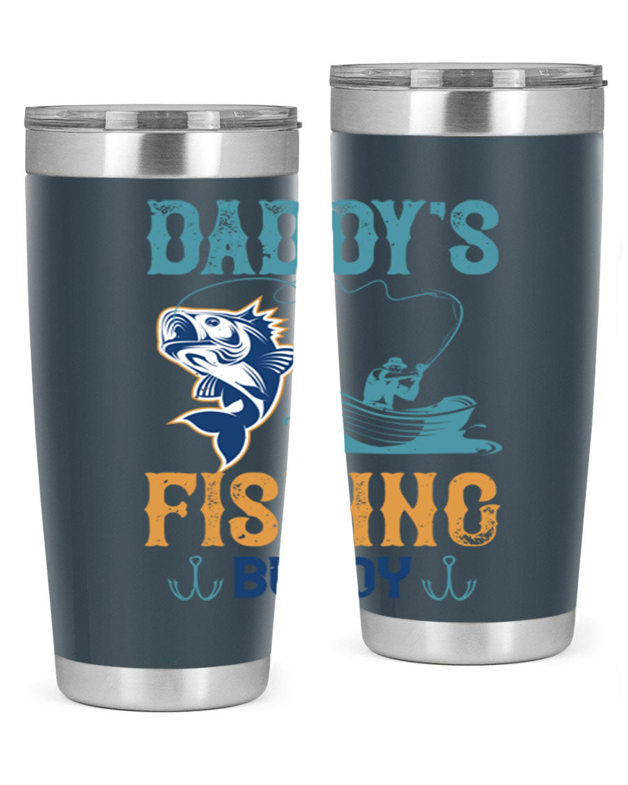 A stylish daddy’s fishing buddy 166# tumbler in stainless steel, showcasing its double wall vacuum insulation and drink-thru lid, perfect for fishing trips.