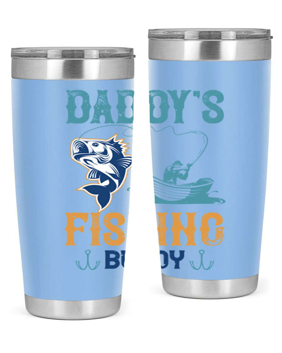 A stylish daddy’s fishing buddy 166# tumbler in stainless steel, showcasing its double wall vacuum insulation and drink-thru lid, perfect for fishing trips.