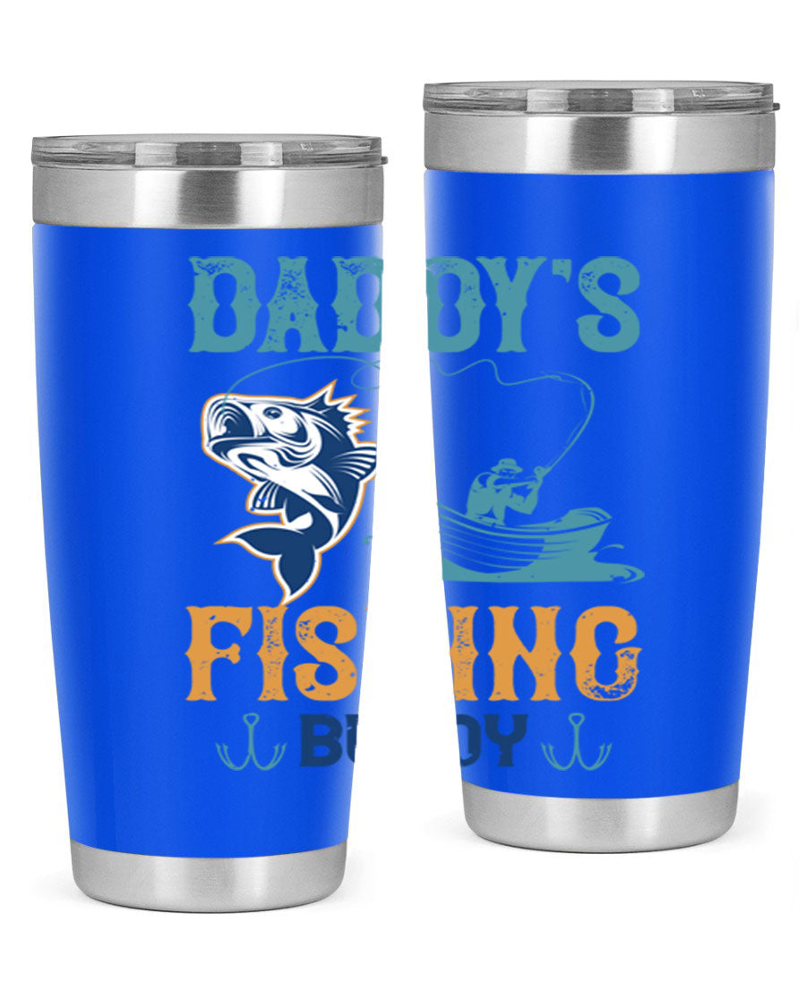 A stylish daddy’s fishing buddy 166# tumbler in stainless steel, showcasing its double wall vacuum insulation and drink-thru lid, perfect for fishing trips.