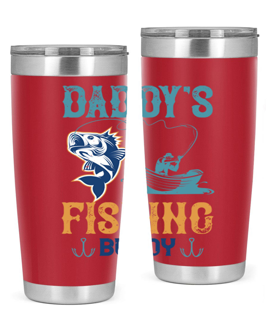 A stylish daddy’s fishing buddy 166# tumbler in stainless steel, showcasing its double wall vacuum insulation and drink-thru lid, perfect for fishing trips.