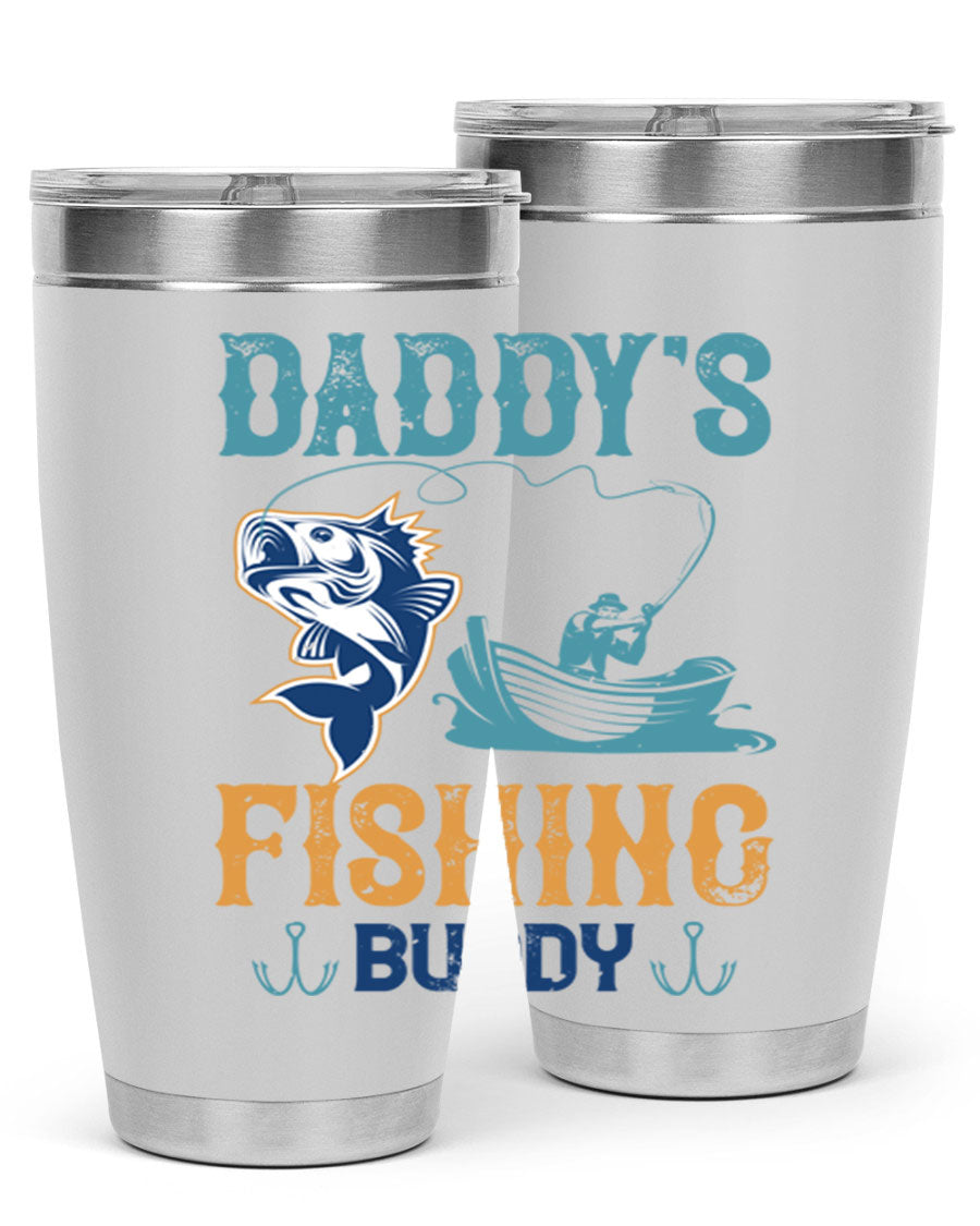 A stylish daddy’s fishing buddy 166# tumbler in stainless steel, showcasing its double wall vacuum insulation and drink-thru lid, perfect for fishing trips.