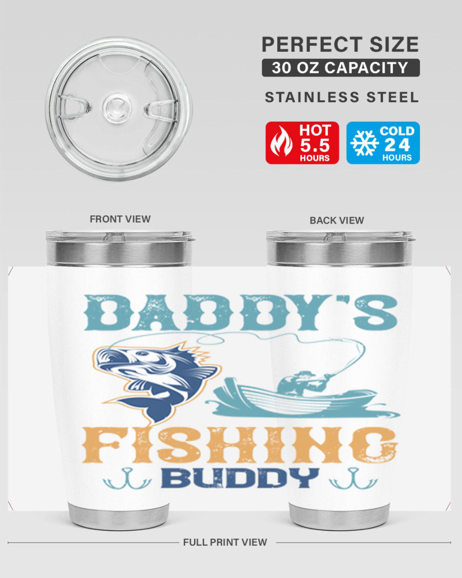 A stylish daddy’s fishing buddy 166# tumbler in stainless steel, showcasing its double wall vacuum insulation and drink-thru lid, perfect for fishing trips.
