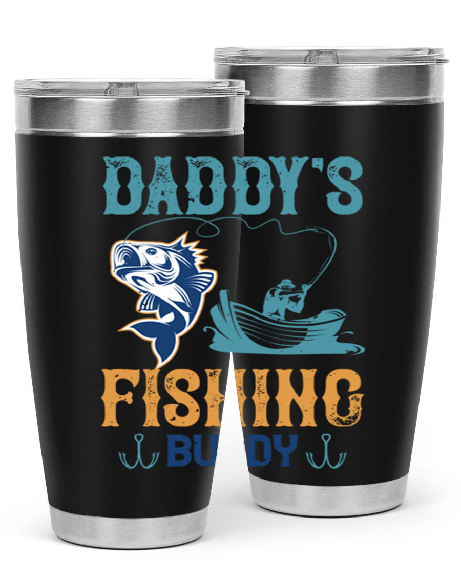 A stylish daddy’s fishing buddy 166# tumbler in stainless steel, showcasing its double wall vacuum insulation and drink-thru lid, perfect for fishing trips.
