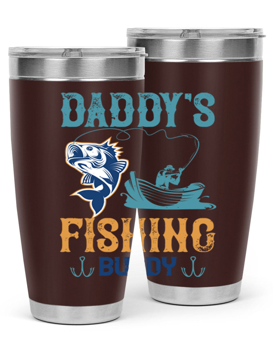 A stylish daddy’s fishing buddy 166# tumbler in stainless steel, showcasing its double wall vacuum insulation and drink-thru lid, perfect for fishing trips.