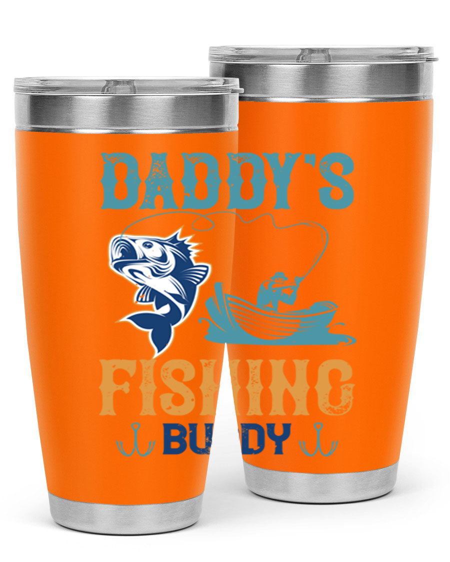 A stylish daddy’s fishing buddy 166# tumbler in stainless steel, showcasing its double wall vacuum insulation and drink-thru lid, perfect for fishing trips.