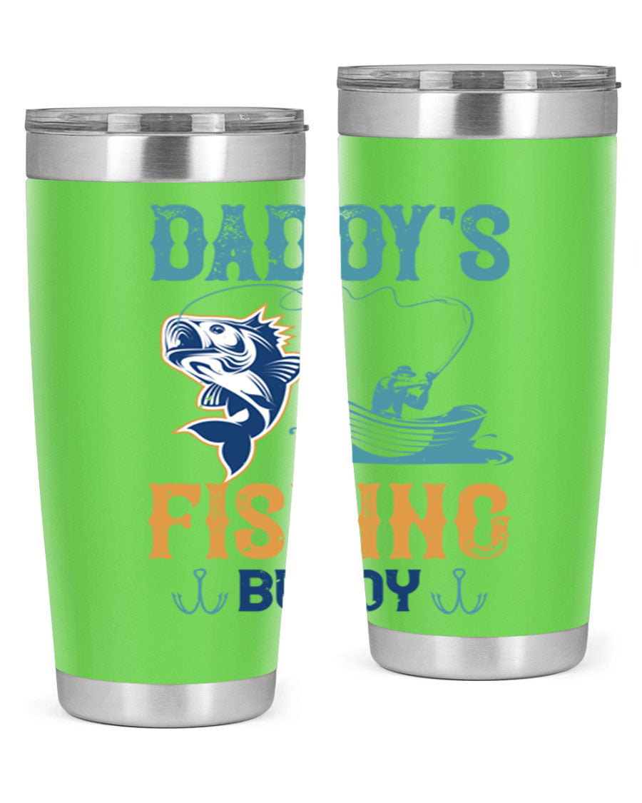 A stylish daddy’s fishing buddy 166# tumbler in stainless steel, showcasing its double wall vacuum insulation and drink-thru lid, perfect for fishing trips.