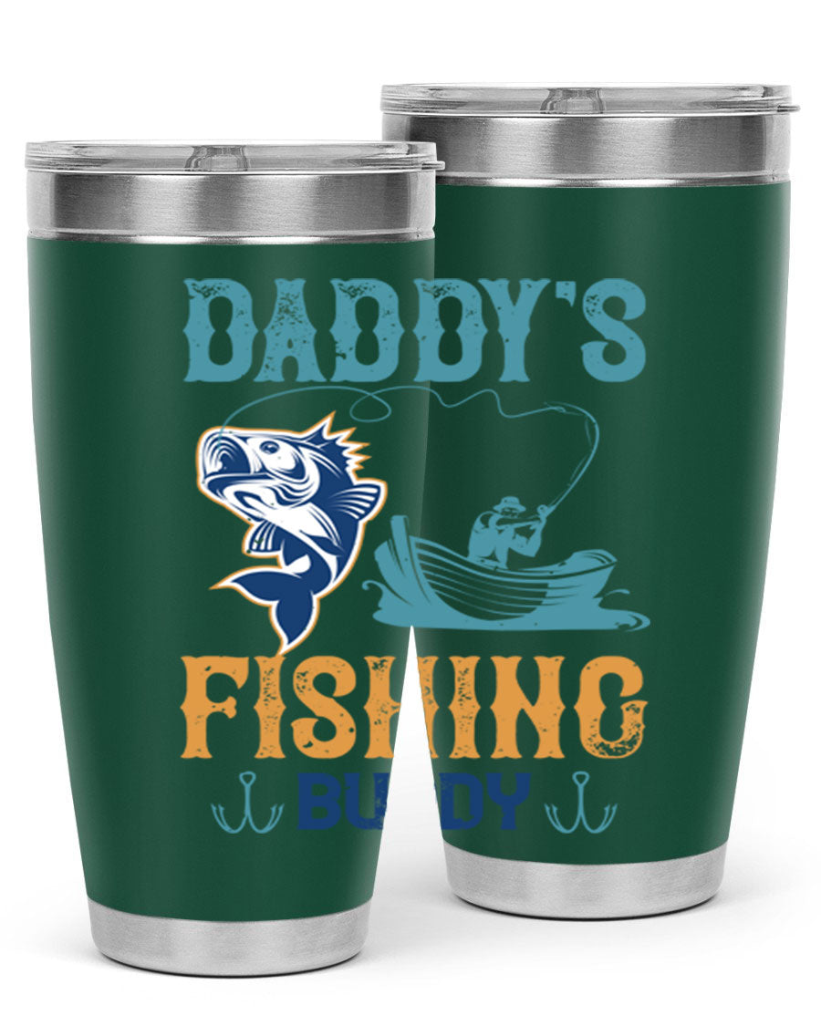 A stylish daddy’s fishing buddy 166# tumbler in stainless steel, showcasing its double wall vacuum insulation and drink-thru lid, perfect for fishing trips.
