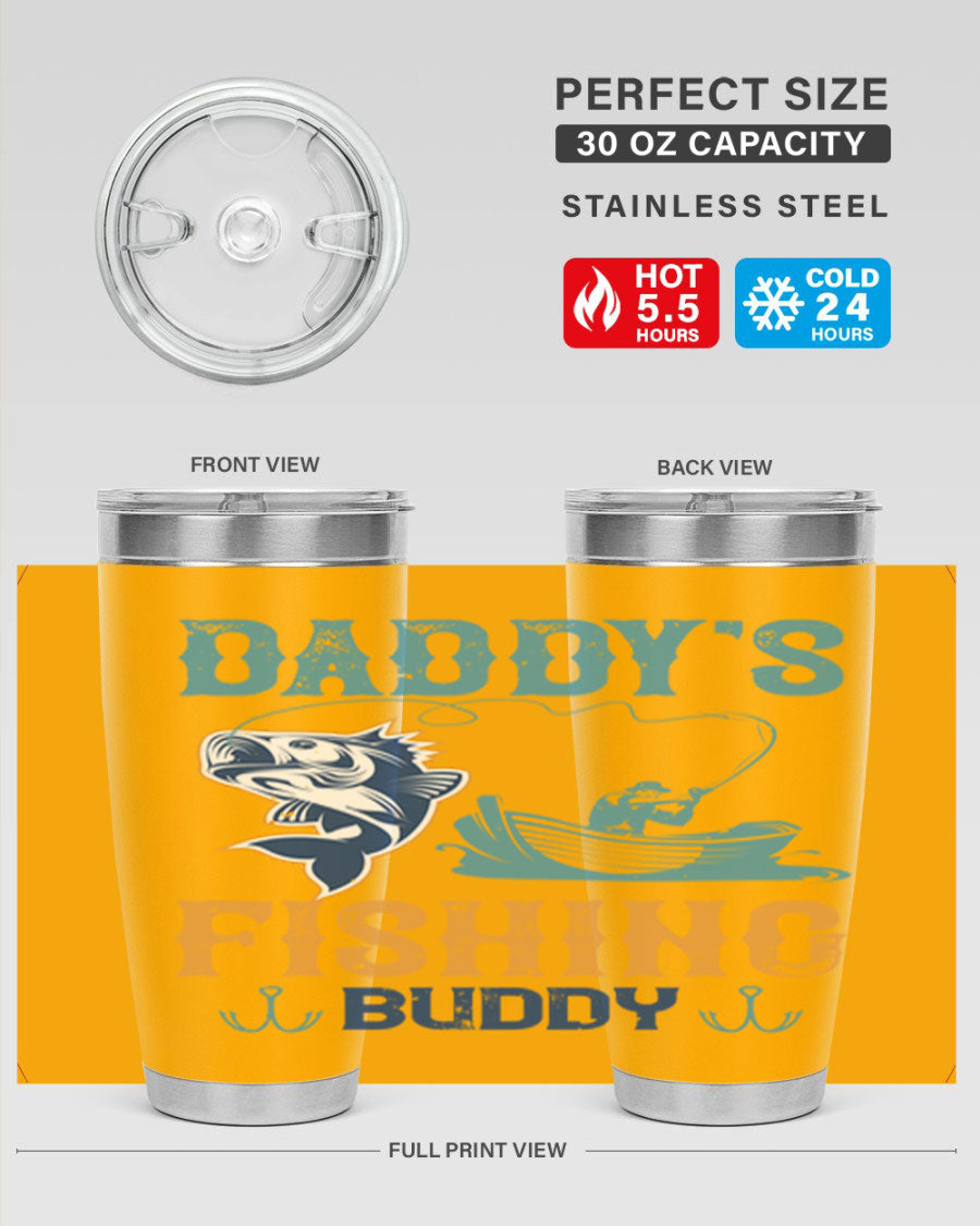 A stylish daddy’s fishing buddy 166# tumbler in stainless steel, showcasing its double wall vacuum insulation and drink-thru lid, perfect for fishing trips.