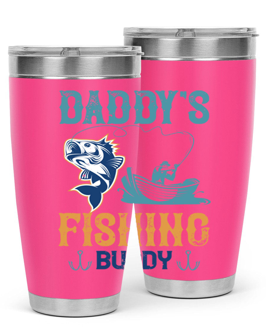 A stylish daddy’s fishing buddy 166# tumbler in stainless steel, showcasing its double wall vacuum insulation and drink-thru lid, perfect for fishing trips.