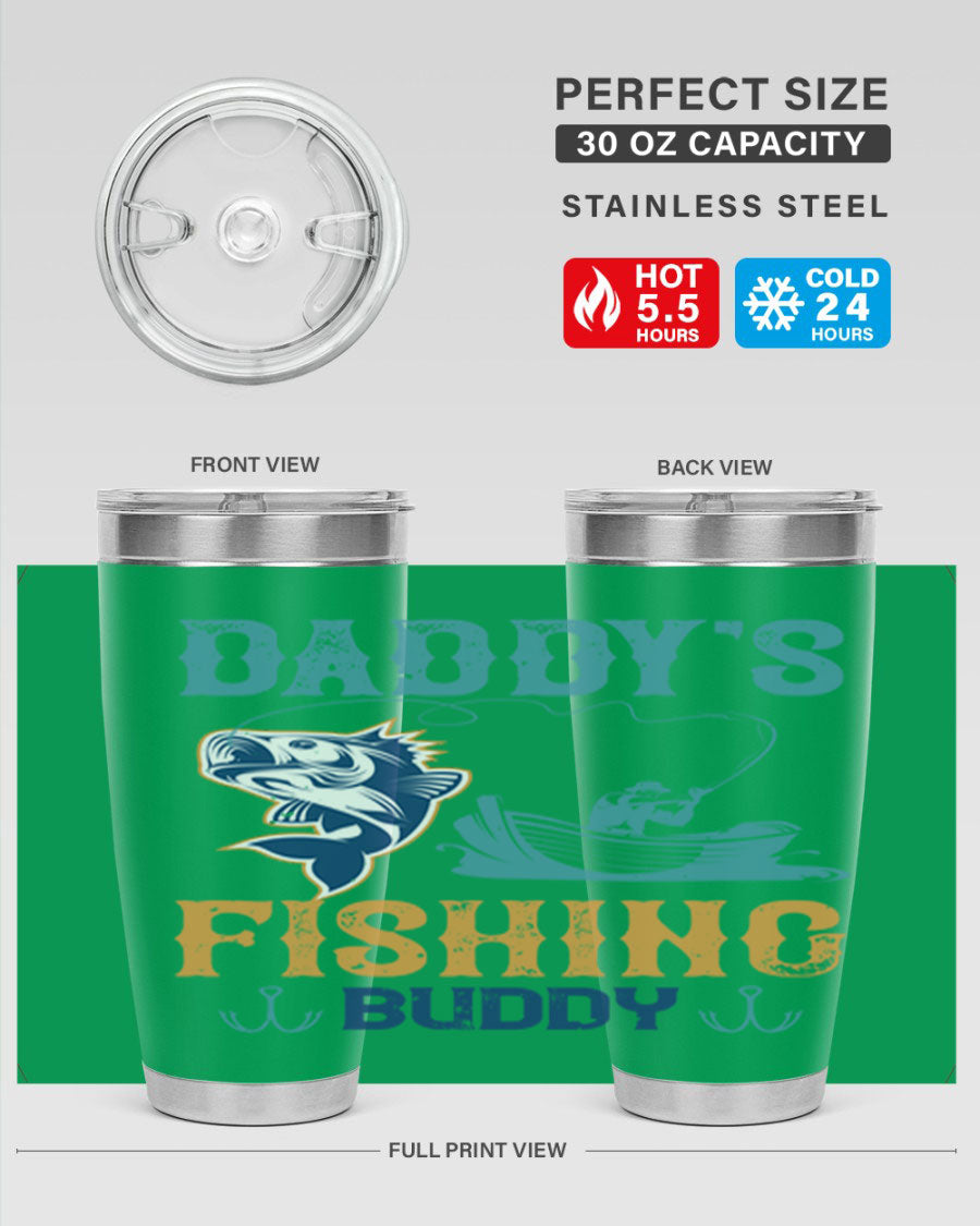 A stylish daddy’s fishing buddy 166# tumbler in stainless steel, showcasing its double wall vacuum insulation and drink-thru lid, perfect for fishing trips.