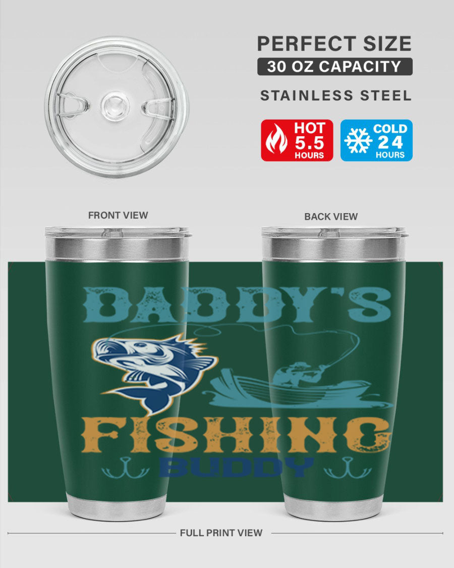 A stylish daddy’s fishing buddy 166# tumbler in stainless steel, showcasing its double wall vacuum insulation and drink-thru lid, perfect for fishing trips.
