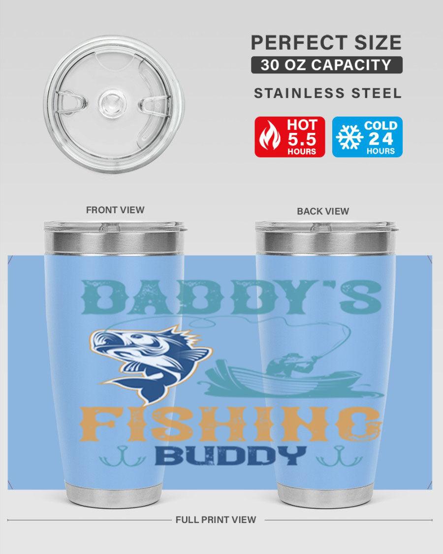 A stylish daddy’s fishing buddy 166# tumbler in stainless steel, showcasing its double wall vacuum insulation and drink-thru lid, perfect for fishing trips.