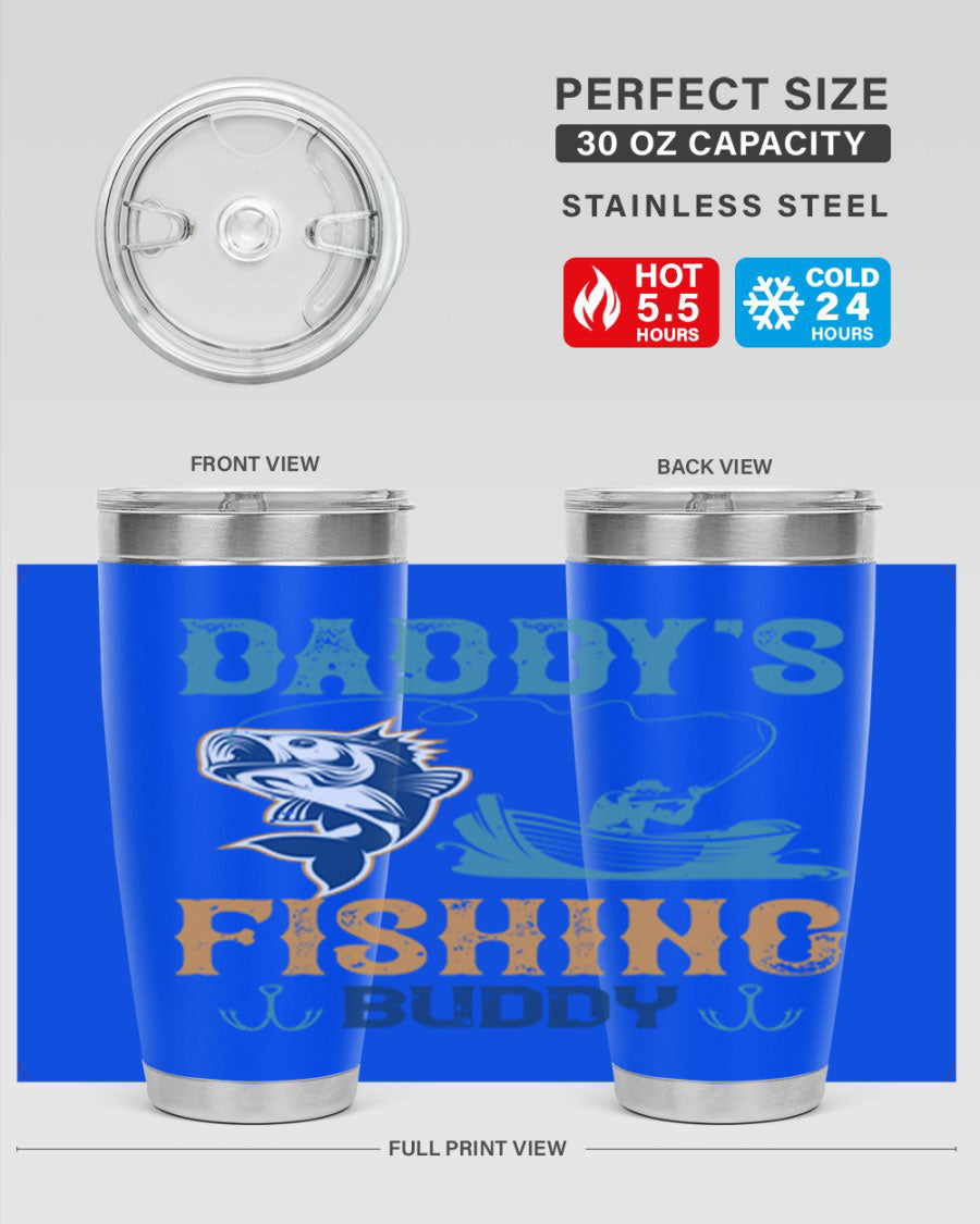A stylish daddy’s fishing buddy 166# tumbler in stainless steel, showcasing its double wall vacuum insulation and drink-thru lid, perfect for fishing trips.