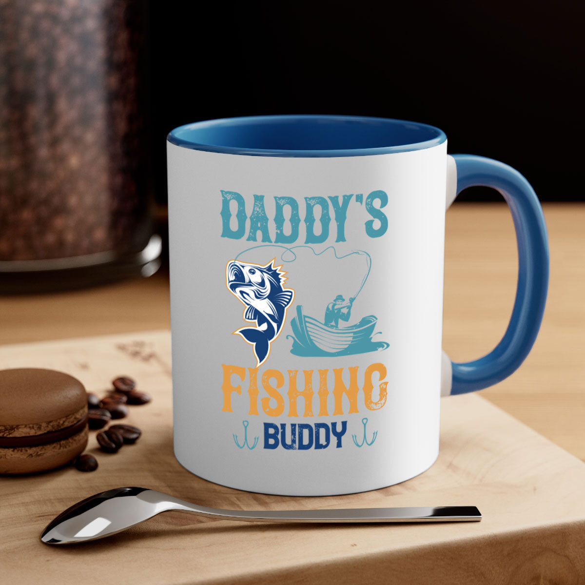 A stylish daddy’s fishing buddy 166# mug featuring a glossy finish, colored handle, and interior, available in five vibrant colors.