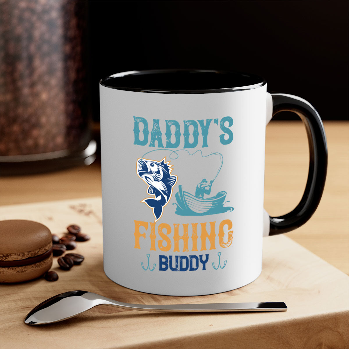 A stylish daddy’s fishing buddy 166# mug featuring a glossy finish, colored handle, and interior, available in five vibrant colors.