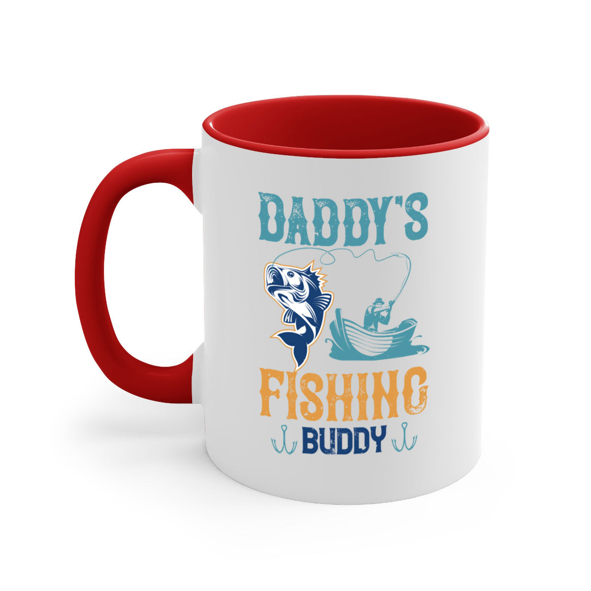 A stylish daddy’s fishing buddy 166# mug featuring a glossy finish, colored handle, and interior, available in five vibrant colors.