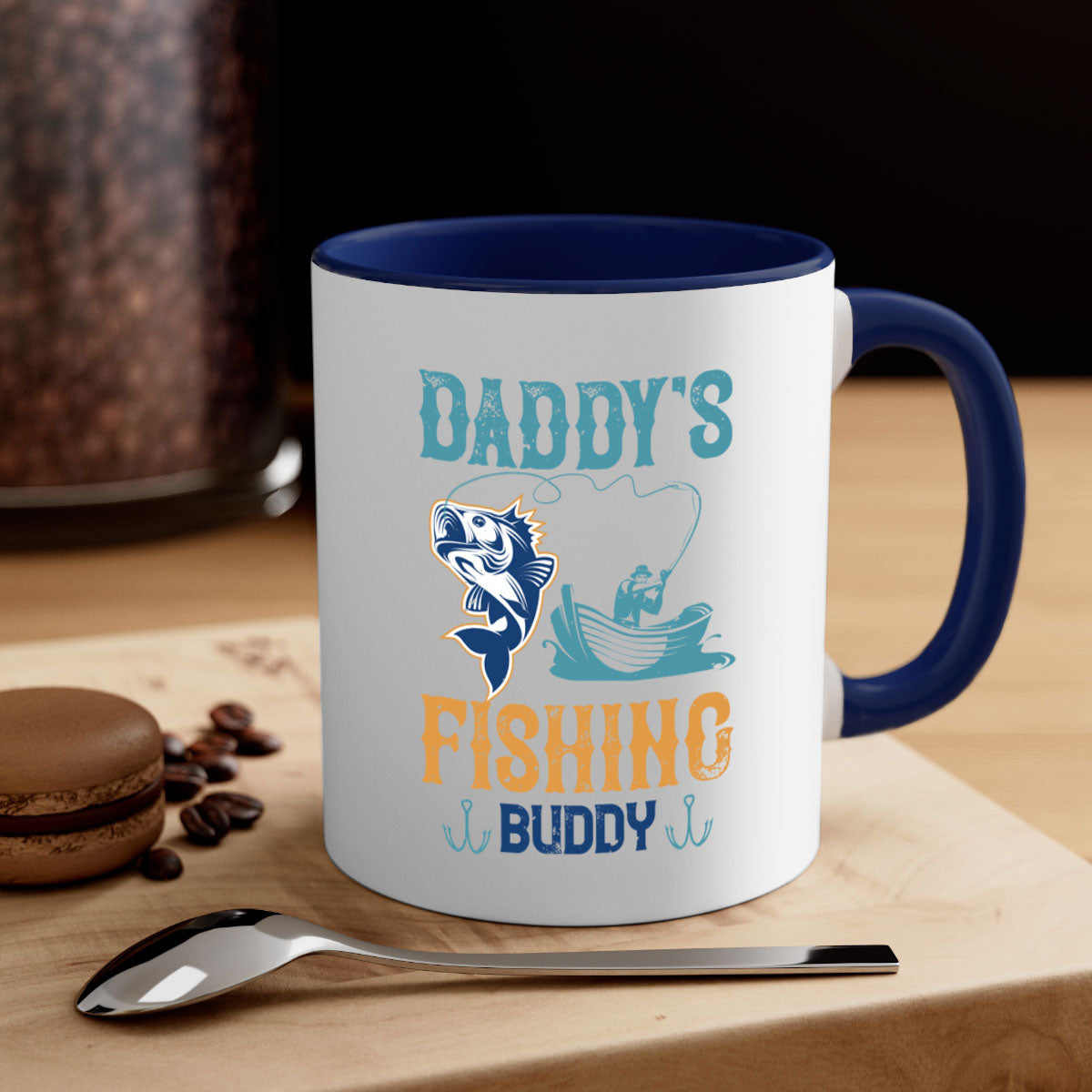 A stylish daddy’s fishing buddy 166# mug featuring a glossy finish, colored handle, and interior, available in five vibrant colors.