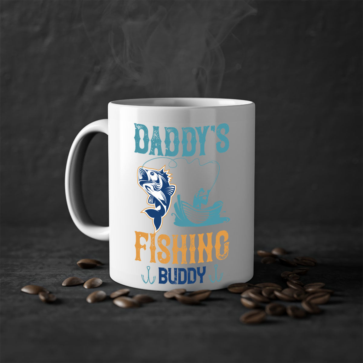 A stylish daddy’s fishing buddy 166# mug featuring a glossy finish, colored handle, and interior, available in five vibrant colors.