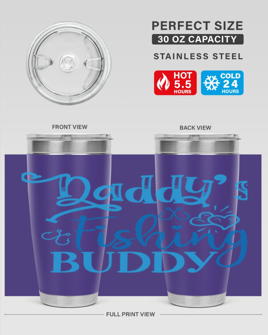 Dadys Fishing Buddy 223# 20oz Tumbler in stainless steel with a drink-thru lid, designed for hot and cold beverages.