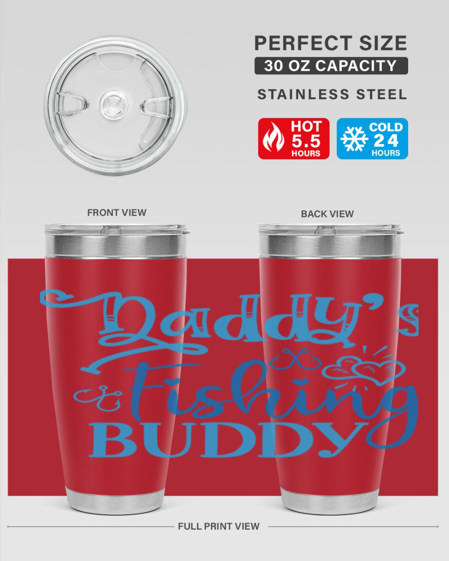 Dadys Fishing Buddy 223# 20oz Tumbler in stainless steel with a drink-thru lid, designed for hot and cold beverages.
