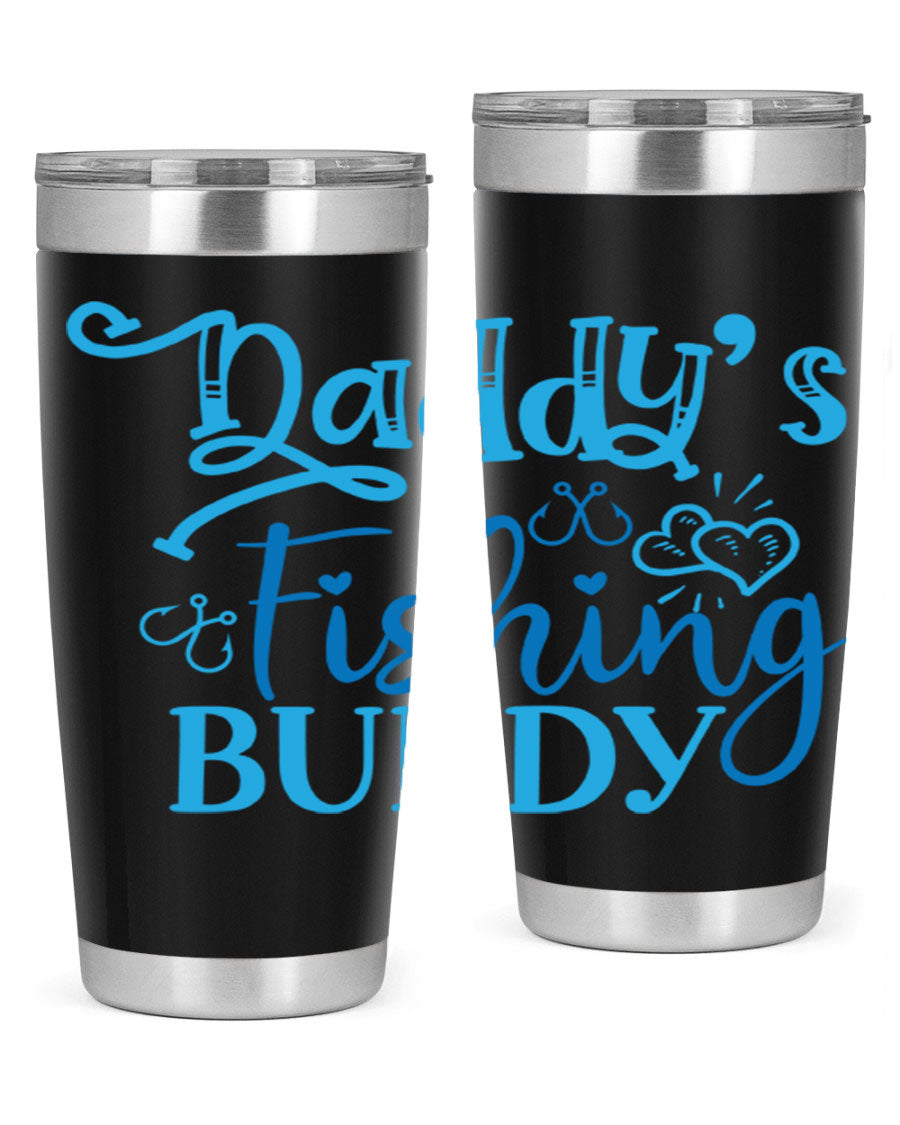 Dadys Fishing Buddy 223# 20oz Tumbler in stainless steel with a drink-thru lid, designed for hot and cold beverages.