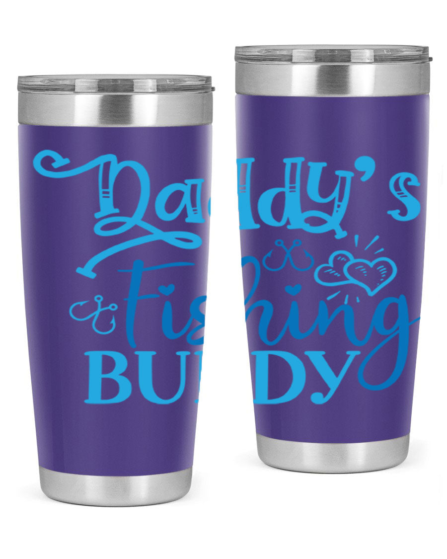 Dadys Fishing Buddy 223# 20oz Tumbler in stainless steel with a drink-thru lid, designed for hot and cold beverages.