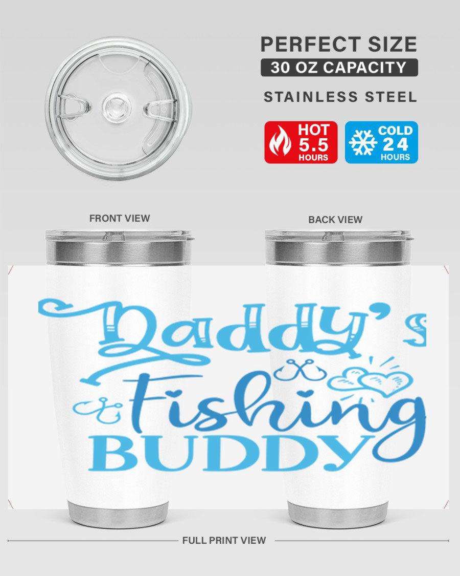 Dadys Fishing Buddy 223# 20oz Tumbler in stainless steel with a drink-thru lid, designed for hot and cold beverages.