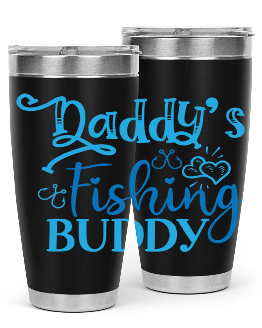 Dadys Fishing Buddy 223# 20oz Tumbler in stainless steel with a drink-thru lid, designed for hot and cold beverages.