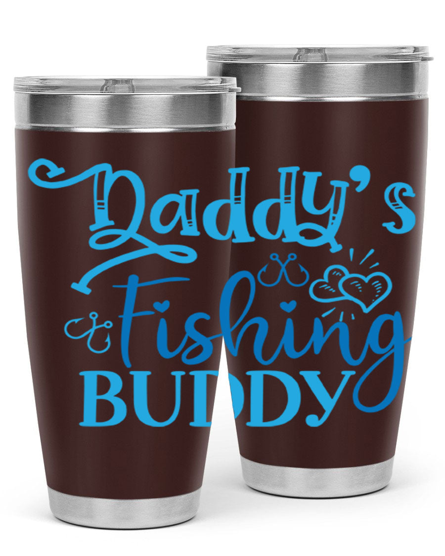 Dadys Fishing Buddy 223# 20oz Tumbler in stainless steel with a drink-thru lid, designed for hot and cold beverages.