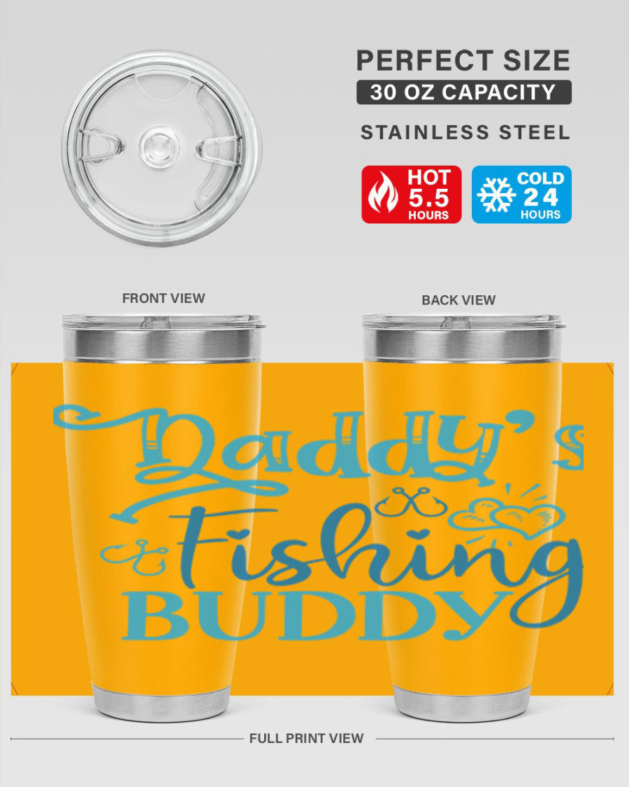 Dadys Fishing Buddy 223# 20oz Tumbler in stainless steel with a drink-thru lid, designed for hot and cold beverages.