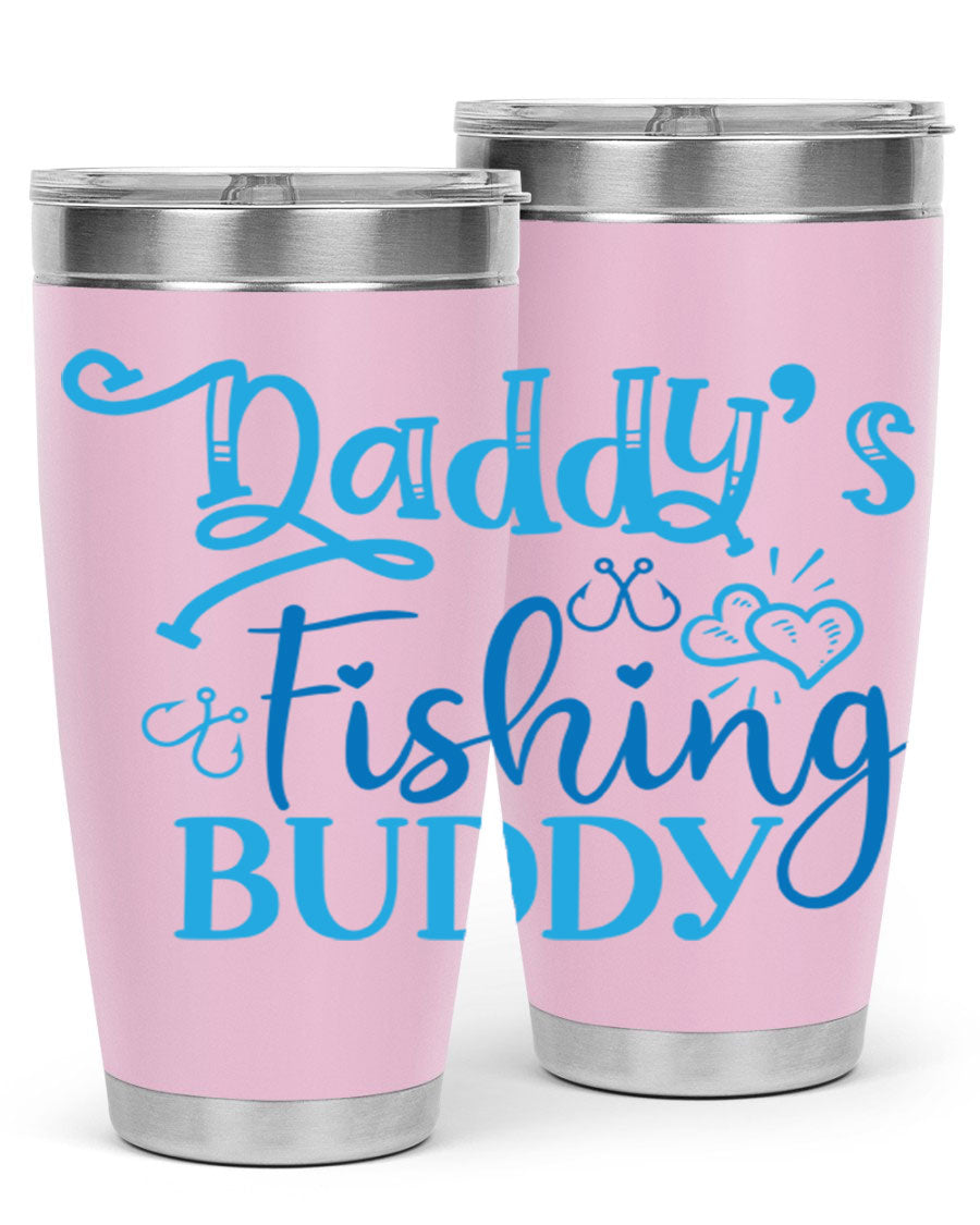 Dadys Fishing Buddy 223# 20oz Tumbler in stainless steel with a drink-thru lid, designed for hot and cold beverages.